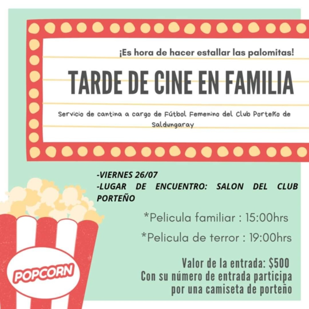 Habrá tarde de cine en familia en el Club Porteño de Saldungaray