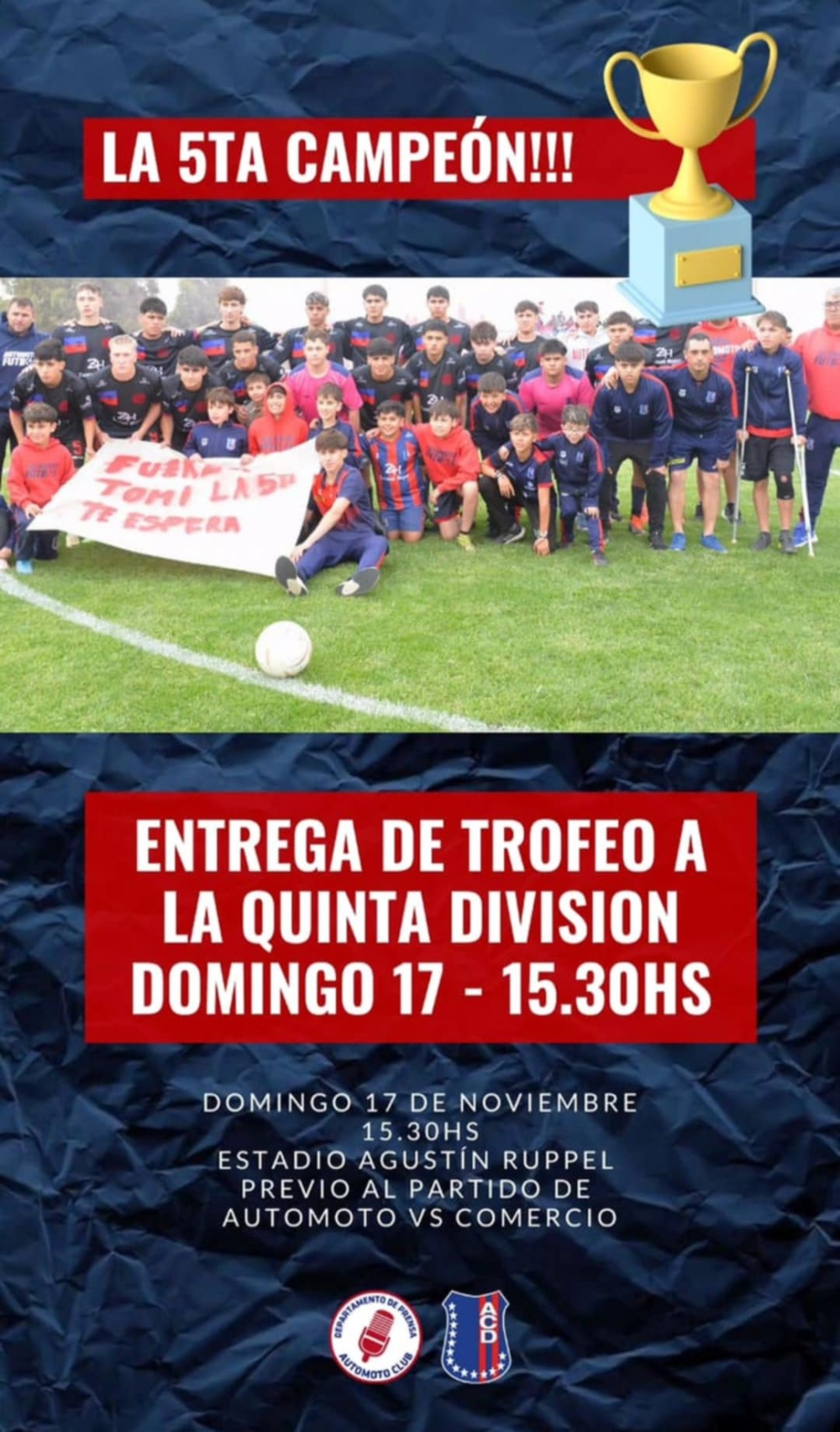 Este domingo, los chicos de la quinta división de Automoto recibirán el trofeo de campeón