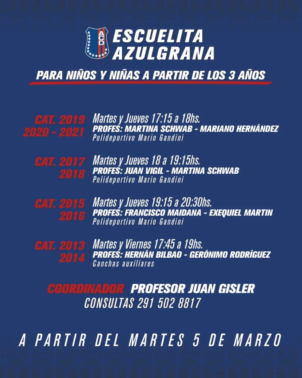 El 5 de marzo vuelve la actividad a la escuelita azulgrana