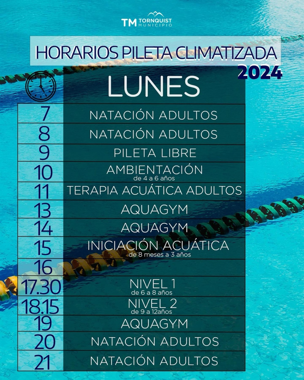 Conoce los días y horarios de las diferentes disciplinas que se dictan en el natatorio climatizado de Tornquist