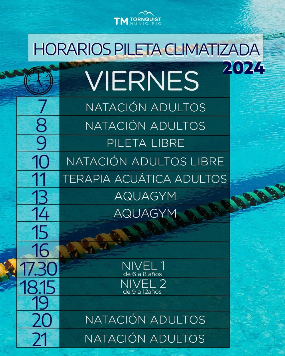 Conoce los días y horarios de las diferentes disciplinas que se dictan en el natatorio climatizado de Tornquist