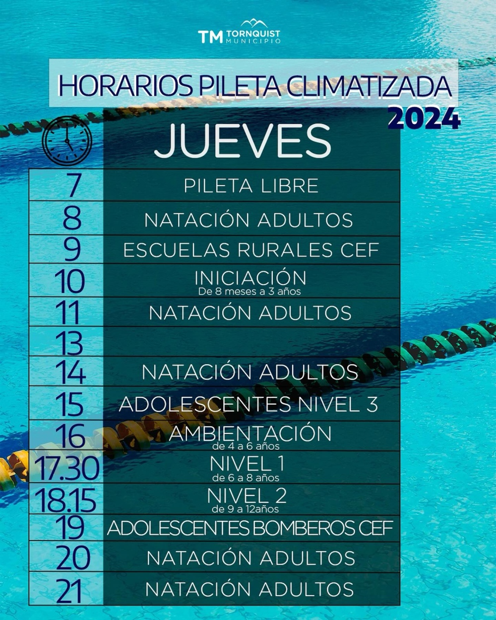 Conoce los días y horarios de las diferentes disciplinas que se dictan en el natatorio climatizado de Tornquist