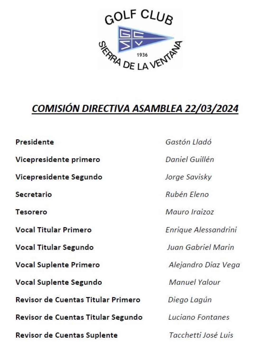 Conformación de la nueva comisión directiva del Golf Club de Sierra de la Ventana