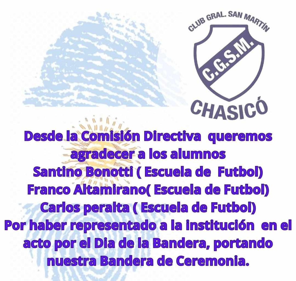 Agradecimiento del Club General San Martin de Chasico