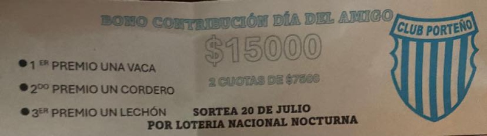 El 20 de julio sortea el bono contribución ”Dia del Amigo” del Club Porteño de Saldungaray