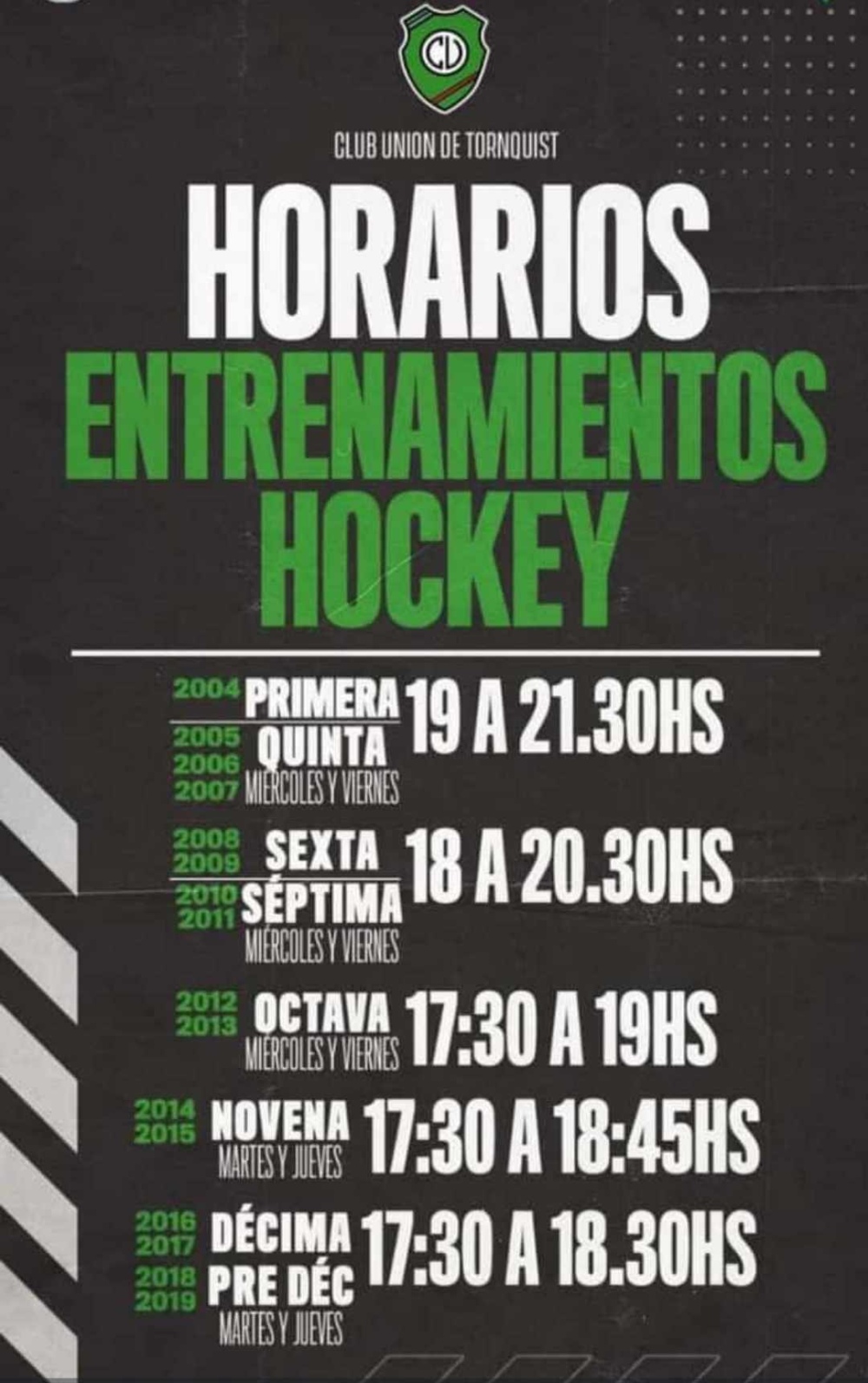 Días y horarios de los entrenamientos de hockey en el Club Unión