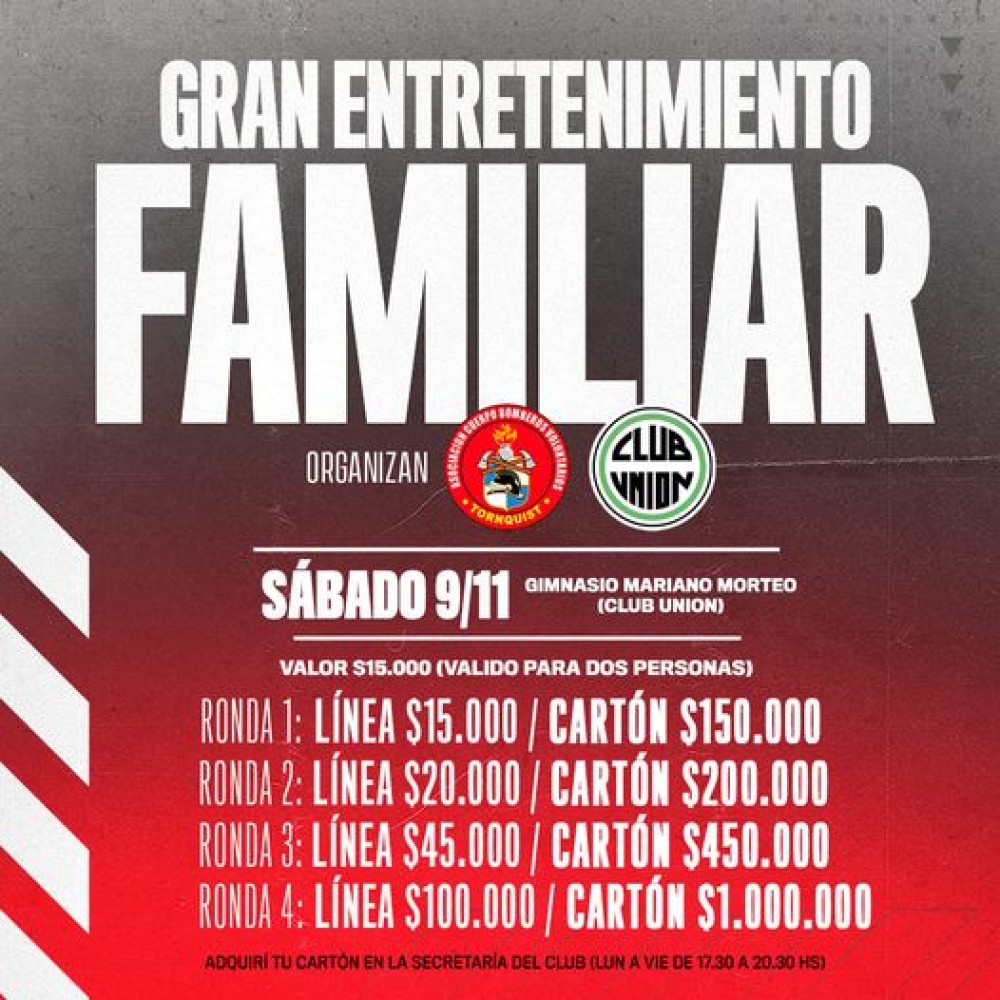 Esta noche: Gran entretenimiento familiar organizado por Bomberos Voluntarios y el Club Unión