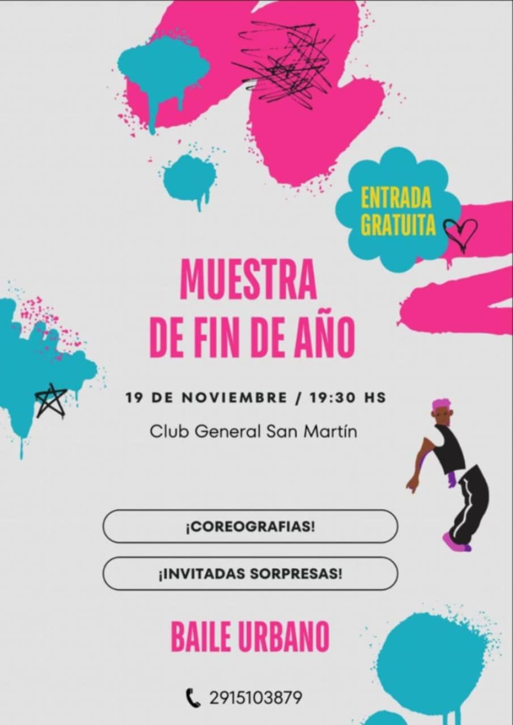 Baile urbano tendrá su muestra de fin de año en el Club General San Martin de Chasico