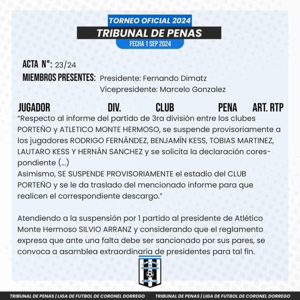 Liga de Dorrego: Suspensión provisoria para varios jugadores de la reserva de Porteño de Saldungaray