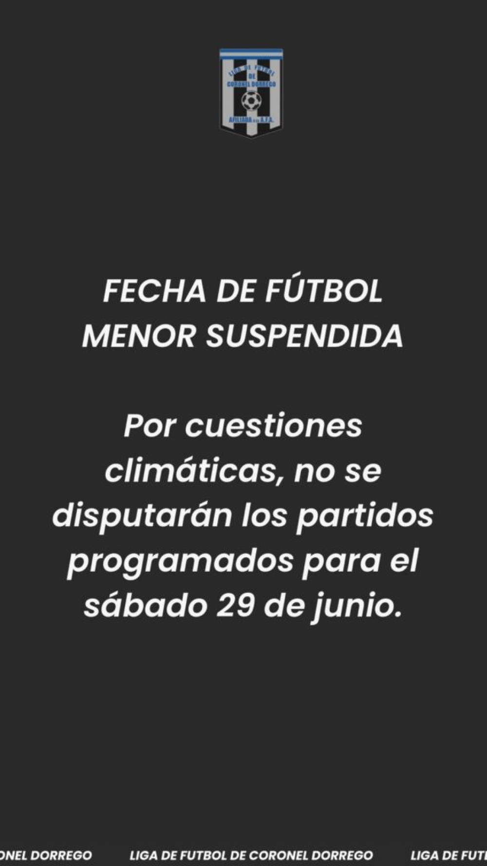 Fecha suspendida para el certamen de futbol menor e infantil de la Liga de Dorrego