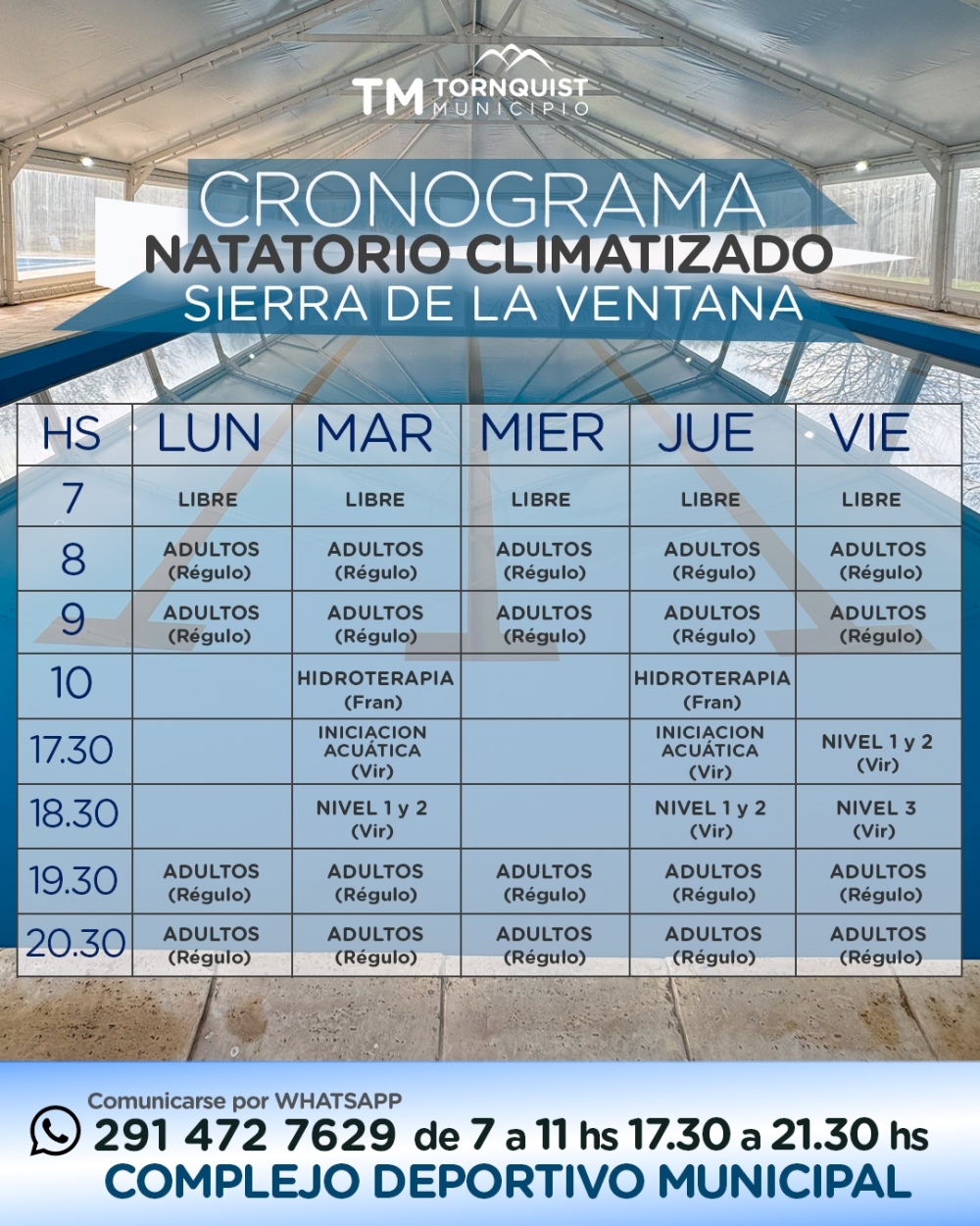 Abiertas las inscripciones para el Natatorio Climatizado Municipal de Sierra de la Ventana