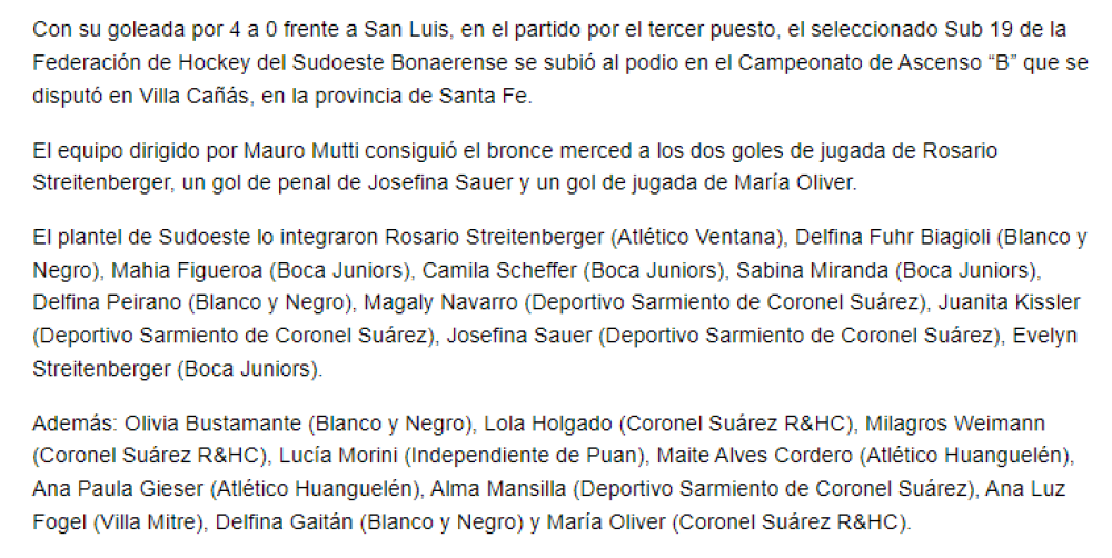 Hockey: Sudoeste Sub 19, con Rosario Streitenberger, logro el bronce en el Campeonato de Ascenso ”B”