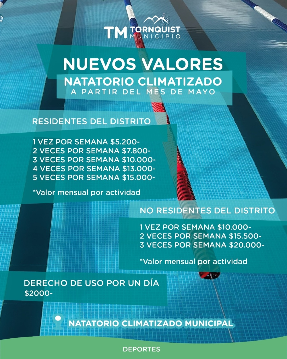 Valores de las actividades del Natatorio Climatizado a partir de mayo