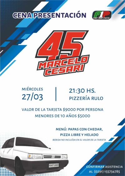 El tornquistense Marcelo Cesari presenta esta noche su Fiat Uno Pista Nro. 45