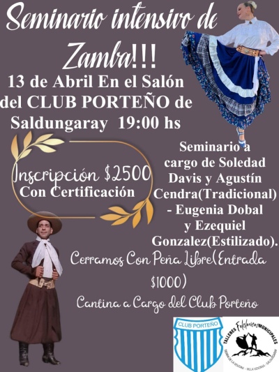 Se viene el primer seminario intensivo de zamba tradicional y estilizada en el Club Porteño de Saldungaray