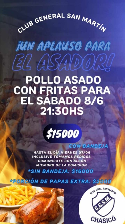 Venta de pollo asado con fritas para colaborar con el Club General San Martín de Chasico